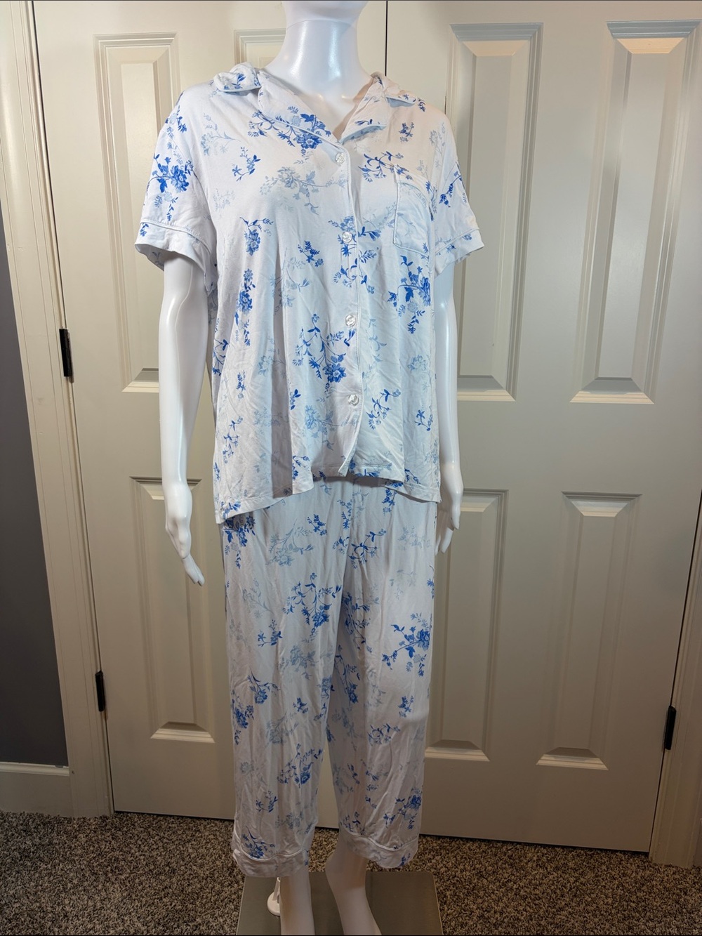 LOFT White and Blue Floral Button-Front Pajama Set